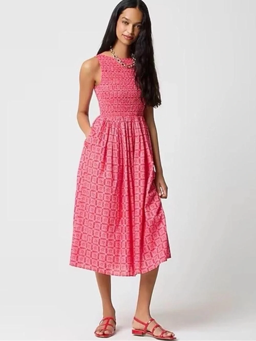 J. CREW Dress Smocked Boatneck Midi Cerise Lotus Bloom Pockets 100% Cotton XL